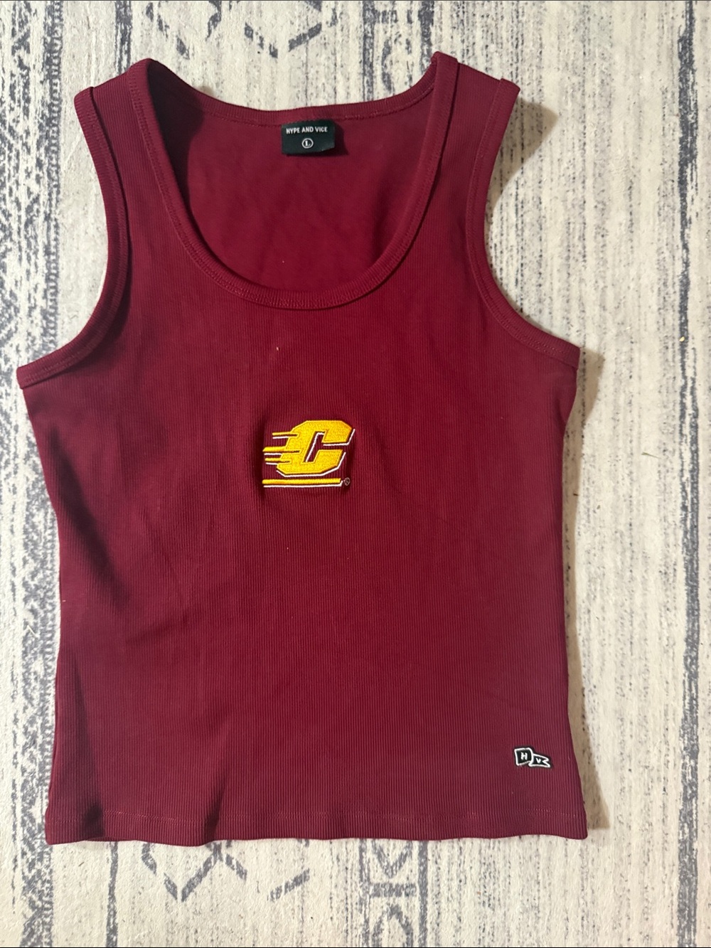 Hype and Vice Women's Maroon Ribbed Tank with Yellow Center Logo